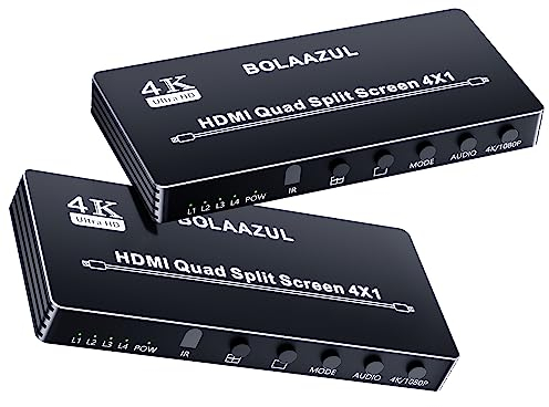HDMI Multiviewer Switch 4K 4X1, BolAAzuL Quad Multi-Viewer 4 in 1 out HDMI Switcher Split Screen Seamless Switching with IR Remote, 5 Viewing Modes, 1080P, for PS4 DVD Camera PC to TV Monitor