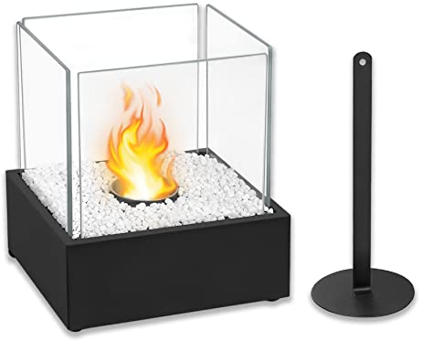 Froadp Ethanol Kamine Set Tragbare Bioethanol Tischkamin mit Glas, Stahl Base & Weiß Dekosteinen 25x21x29cm Rechteckig Windlicht Terrassenofen Bio Ethanol Tischfeuer Deko für Innen & Außen