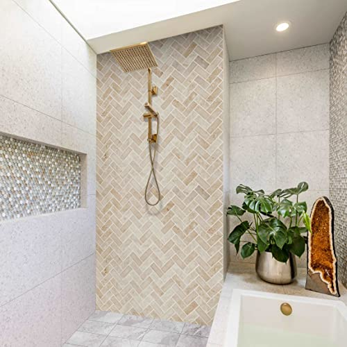 Bilderwelten Duschrückwand Folie 210x100 cm Marmor Fischgräten Fliesen - Beige Bad-Rückwand Motiv fugenlose Wandverkleidung Dusche