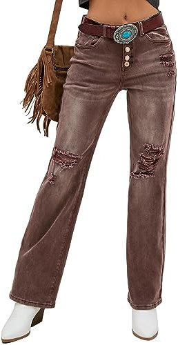 Roskiky Pantalones vaqueros acampanados para mujer, cintura alta, con agujeros, elásticos, holgados, marrón, L