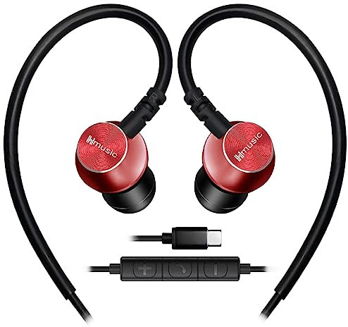 Hmusic Auriculares Deportivos con Cable y micrófono, Auriculares internos USB Tipo C con Gancho sobre la Oreja para Deportes, Correr, Entrenamiento, Ejercicio, Gimnasio (Rojo)