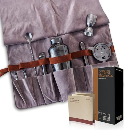 Set di 8 pezzi Cocktail Shaker Custodia arrotolata, Accessori per la casa Set da bar, Set da cocktail Shaker in acciaio inossidabile, Kit Martini Espresso (Nero con custodia in ordito grigio)