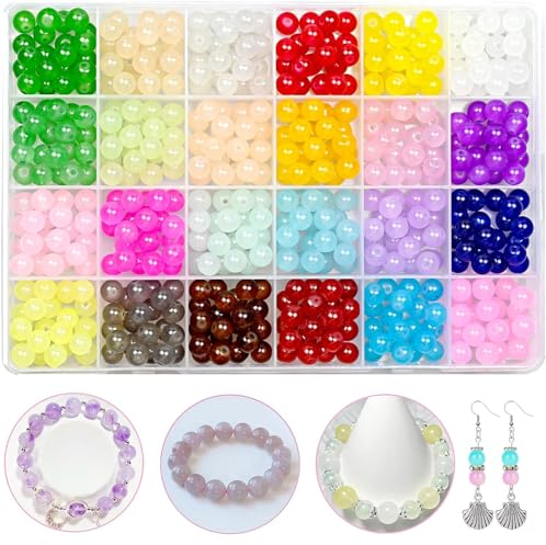 UNAZOVER 480 Stück Glasperlen Zum Auffädeln, 8mm Bastelperlen for Jewelry Making, Basteln Pearls für Armbänder, Schmuckherstellung, DIY Halsketten, Ohrringe (Süßigkeiten)