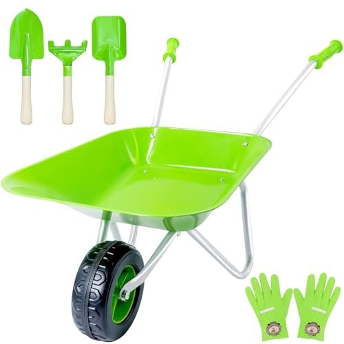 Wheelbarrow Set Children, Childrens Metal Wheelbarrow Kids Gardening Set with Shovel, Rake, for Outdoor, Educational, Farm, Gardening Toy, Play, Game(GREEN)