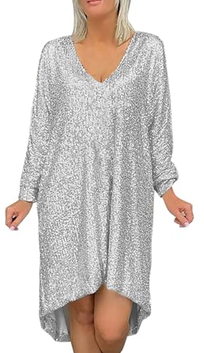 Geilisungren Pailettenkleider für Damen Langarm Glitzer Festliche Kleider FüR Damen Elegant Knielang Hochzeit Cocktailkleid Sexy Hochzeitskleid Party Kleider GroßE GrößEn Baggy Tunika Tüllkleid
