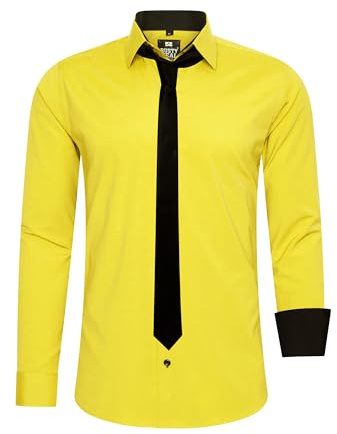 Rusty Neal Herren-Hemd Premium Slim Fit Langarm Stretch Kontrast Hemd mit Krawatte Business-Hemden Outfit Freizeithemd Set 44_99, Größe:6XL, Farbe:Gelb