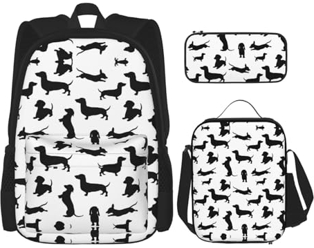 MDATT Mochila Kawaii con lonchera 3 en 1, estuche a juego, diseño de ciudad, Black Dogs - Perro salchicha, Talla única