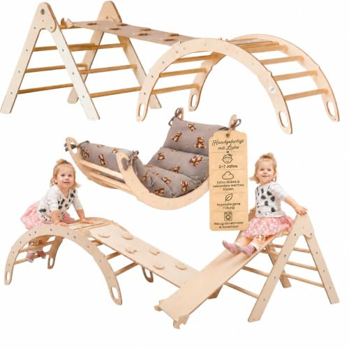 WoodsCraft 3in1 Set: Kletterdreieck, Kletterbogen & Rutsche/Kletterrampe | mit hypoallergen Kissen für Kletterbogen, holz Montessori Klettergerüst indoor, Babyrutsche, Klettern Baby & Kinder