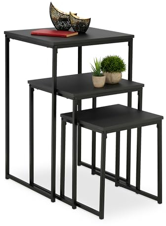 Relaxdays Beistelltisch 3er Set, stapelbar, Satztisch 3 Größen, quadratisch, Metall, Wohnzimmer, Dekotisch, schwarz