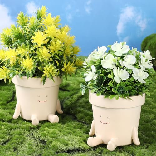 Nuogo 2 Pieces Cute Plant Pots Face Resin Succulent Flower Pot Indoor Head Planters Fun Novelty Planters with Drainage Legs Out for Christmas Plant Lover Gardening Gift Outdoor(Classic)