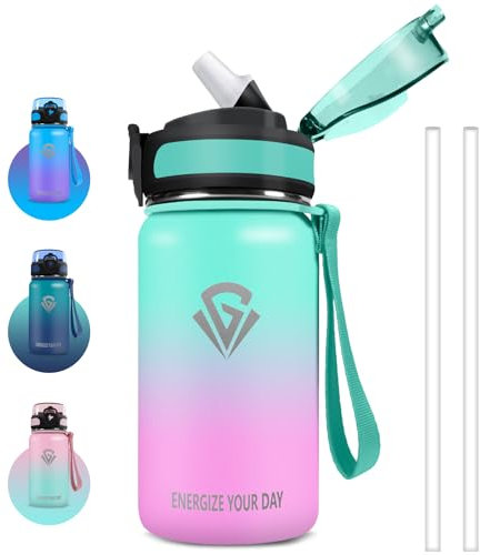 Grsta Gourde Isotherme, 500ml Gourde Enfant, Gourde avec Paille, Gourde Metal Sans BPA, Double Paroi Isolante, Gourde Acier Inoxydable Anti-Fuite, Bouteille d'eau pour Fille, Garcon