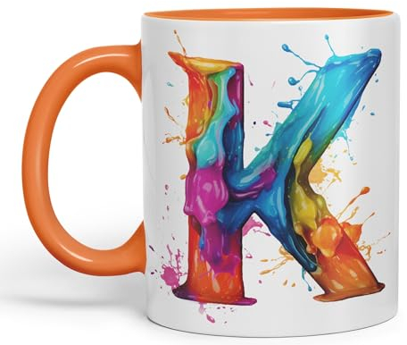 Vixar Letter K Mug, Alphabet Letter K Monogram Watercolour Ceramic Coloured Mug Cup for Tea Coffee Hot Brew 330ml 11Oz Gift (Orange)