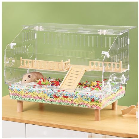 JETXYHUB Kompakter Hamsterkäfig Aus Acryl, Hamsterkäfig Mit Zwei Ebenen, Belüfteter Mehrstöckiger Lebensraum Mit Interaktivem Transparentem Dach, Mit Laufrad Und Zubehör, Leicht Zu Reinigen(Clear,A)
