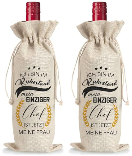 2 Stück Weinflasche Tasche Jute Rente, Wiederverwendbare Wein Geschenkbeutel, Weinflaschenbeutel Geschenk zum Ruhestand für Rentnerin, Ruhestand Geschenke für Männer Papa Opa Kollegen Ehemann