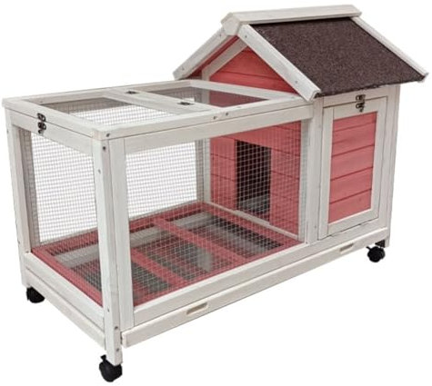 Kaninchenstall für Draußen, Hühnerstall Aus Holz mit Asphaltdach und Herausnehmbarer Wanne, Kaninchenkäfig, Ideal für Meerschweinchen, Kleintiere, Geflügel(Pink-White)