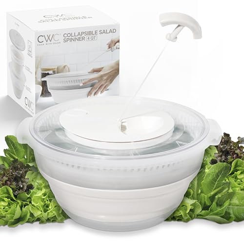 COOK WITH COLOR Collapsible Salad Spinner - 4 QT Space Saving Lettuce Dryer with Folding Collapsible Colander Great for Washing and Drying Fruit and Vegetables (White)