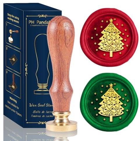 PH PandaHall Christmas Tree Wax Seal Stamp for Christmas, Vintage Sealing Wax Stamps 25mm Wax Seals Brass Head with Wood Handle for Christmas New Year Envelopes Invitation Cards Decor Gift Wrapping