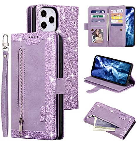 EYZUTAK Wallet Phone Case for iPhone 16 Pro Max, Retro Matte 9 Card Holder Slots Zipper Pocket Case PU Leather Magnetic Closure Kickstand with Wrist Strap Folio Flip Case - Purple