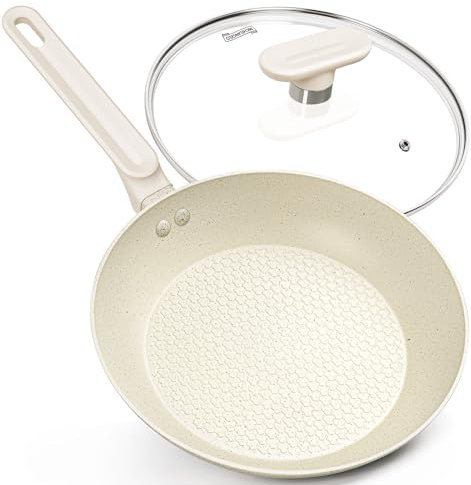 MICHELANGELO Frying Pan with Lid 30cm, Non Stick Pan with Nonstick Stone Coating, Healthy & Non-Toxic Granite Coating, Compatible for Induction, White