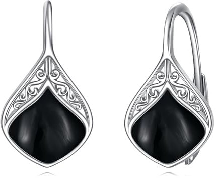 POPLYKE Schwarz Onyx Träne Leverback Ohrringe für Damen - 925 Sterling Silber Dangle Schmuck - Sensitive Ohrringe