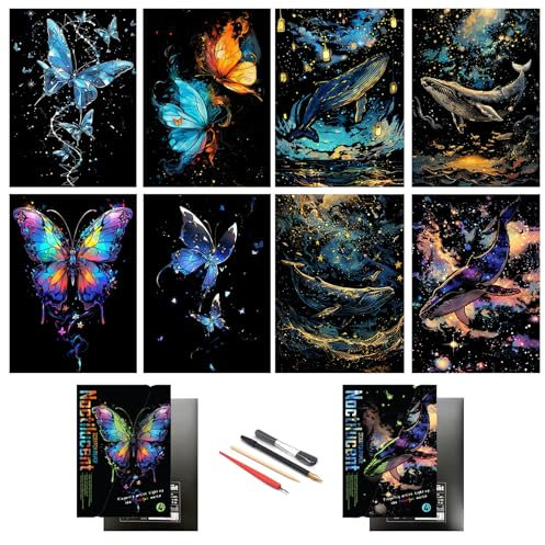 SiYear Kratzpapier, Regenbogen-Malerei, Skizze, Stadt-Serie, Nachtszene, kreatives Geschenk, Kratzbrett für Erwachsene und Kinder, mit 4 Werkzeugen (Schmetterling + Wal)