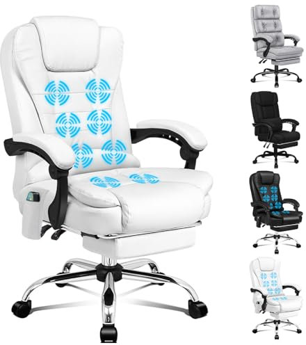 ALFORDSON Bürostuhl mit ergonomischer Lordosenstütze, Schreibtischstuhl mit Armlehne und Rückenlehne, Drehstuhl mit Massagefunktion, PU Material, höhenverstellbar, Weiß, Kunstleder