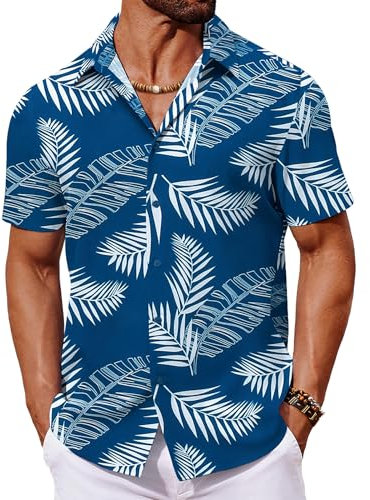 COOFANDY Chemise à Manches Courtes pour Homme Chemise Hawaïenne Chemise D'été Tropicale Légère Chemise à Fleurs Boutonnée FêTe Vacances Plage Chemise Feuille de Palmier Bleu XL