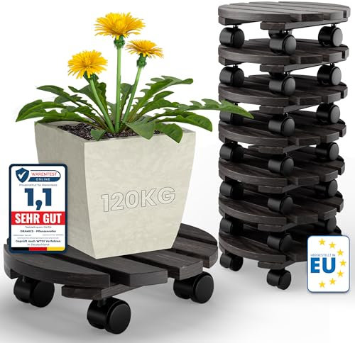 Oramics 8 Stück Pflanzenroller Rund aus Massivholz in Schwarz – Ø30 x 8 cm bis 120 KG belastbar – Rollbrett für Pflanzen, Blumentöpfe und Blumenkübel – Blumentopf Untersetzer mit 4 Rollen