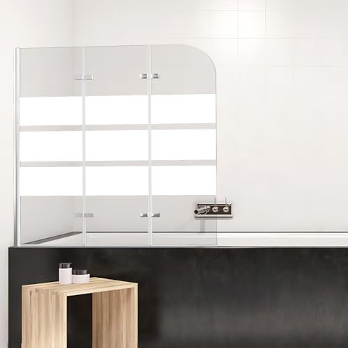 Ansobea Duschwand für Badewanne, 120x140cm 3-Teilig Duschwand Badewanne Faltbar,6mm ESG Sicherheitsglas,Badewanne Duschwand Weiße Streifen,Glas Badewannenwand mit Badewannenaufsatz