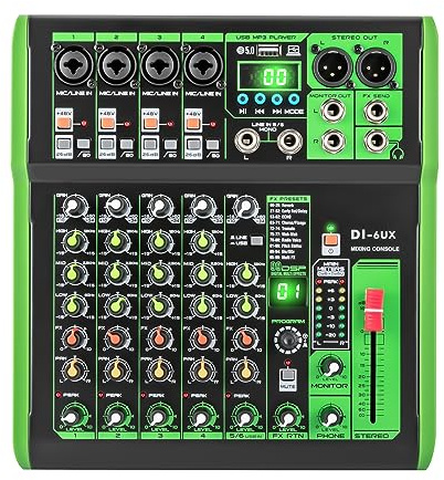 DI-6 UX Serie Audiomixer, mit 99 DSP Digitaleffekten USB MP3 Eingang 48V Phantomspeisung Mikrofonvorverstärker mit LED-Anzeige, für DJ Mixer Konsole Tonstudio 24.5 * 26 * 4.5cm