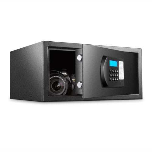 Petit Coffre Fort Code Coffre-fort a Clef Safe avec Capteur Lumineux à LED et Prise de Courant de Secours, pour Hôtel, Bureau, Maison