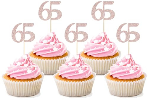 Sotpot 30PCS 65th Birthday Cupcake Toppers Rose Gold Glitter Cupcake Picks Cake Decorations for 65th Milestone Birthday Party Supplies