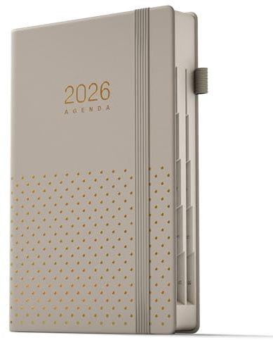 TDOLISSTE - Kalender 2026 Terminplaner, A5 Agenda Buchkalender 365-Seiten-Tagesplan und 24-Seiten-Monatsplan, Mehrsprachiges, Stiftschlaufe und Innentasche, Gebundene Ausgabe (Grau)