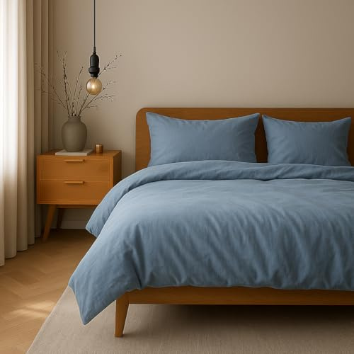 VEL VET HOME Bettwäsche 140x200 Baumwolle Bettbezug 140x200 cm mit Kissenbezug 80x80 cm Hohe Qualität Bettwäsche-Set mit Reißverschluss 100% Baumwolle Made in EU Denim Blau