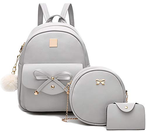 I IHAYNER Mädchen Rucksack Leder Klein Damen Rucksack Mini PU Leder Umhängetasche 3er Set Bowknot Handtasche Schulrucksack Elegant Leicht Grau