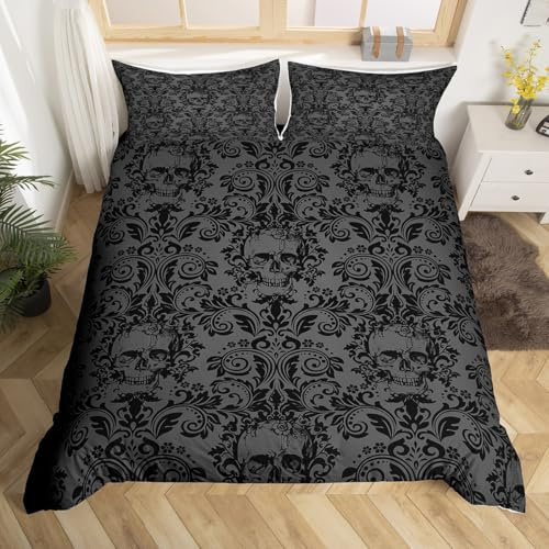 richhome Gothique Housse de Couette 220x240cm Noir Gris Damascus Parure de Lit Crâne Bohémie Boho Ensemble de literie Gothique Vintage Victorien Baroque Floral Literie Set