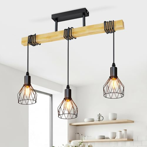 LVWIT Black Pendant Lighting,Vintage Hanging Lights,Wood Ceiling Light Fitting,3 Way Kitchen Light Ceiling,Drop Lights Ceiling,Industrial Ceiling lamp for Lving and Dining Room(E14 Base,NO Bulbs)