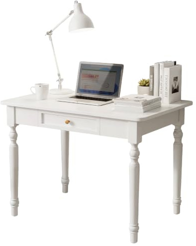 BaoBaJiu Schreibtisch Massivholz Landhausstil 80x60 cm Weiß, extra tiefer Schminktisch und Computertisch mit vormontierten Schubladen geruchsneutral