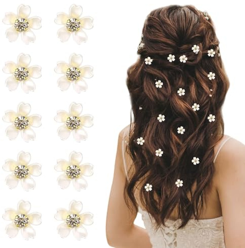 Muorruo 20 Stück Mini-Haarspangen, weiße Blumen-Haarclips mit Strasssteinen, niedliche Blumenmädchen-Haarschmuck-Dekorationen, Haarspangen für Hochzeiten, Braut-Haarspangen (Weiß)