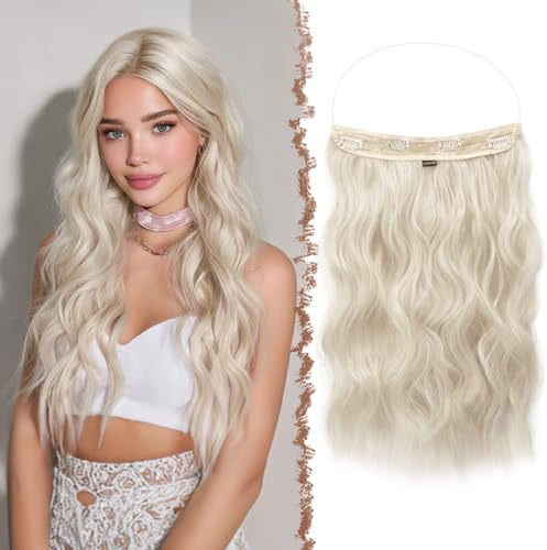 FESHFEN Secrets Hair Extensions Lange Gewellt Haarverlängerung Weiß Blond Invisible Secret Haarextension Synthetik Haare Unsichtbarem Haarteile für Frauen 40 cm