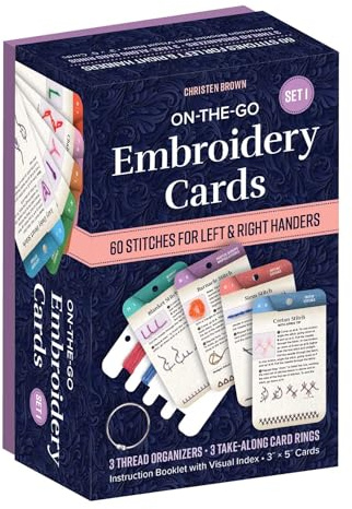 On-the-go Embroidery Cards Set 1: 60 Stitches for Left & Right Handers, 3 Thread Organizers, 3 Take-along Rings