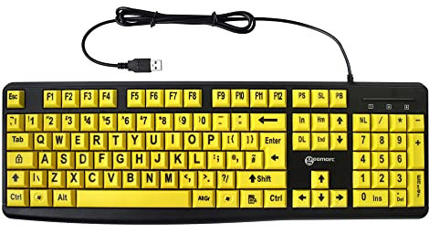 Geemarc Wired Alphanumeric Keyboard with Large Black Lettering and Yellow Keys - High Colour Contrast for People with Low Vision - Compatible with Windows XP, Vista, 7, 8, 10 - UK Version