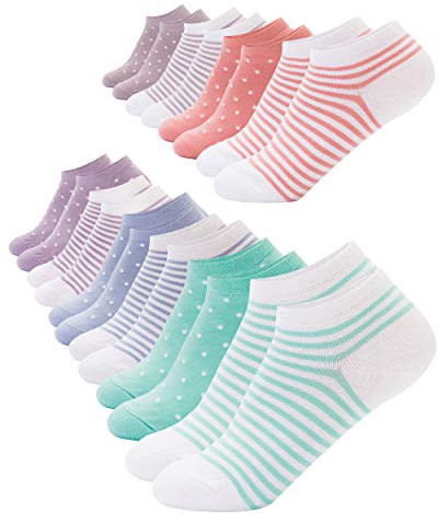 FOOTNOTE 10 Paar Sneaker Socken Mit Softbund Flacher Zehennaht Hoher Baumwollanteil Damen Pastell Gepunktet Gestreift in 39-42