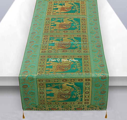 Stylo Culture Ethnische Dekorative Tischläufer Grün Gold Elefant Blumen Bohemien Jacquard Quaste Tischdecke Rechteckig 5 Fuß Für Esstisch Brokat Rezeption Tischdekoration (40 x 152 cm)