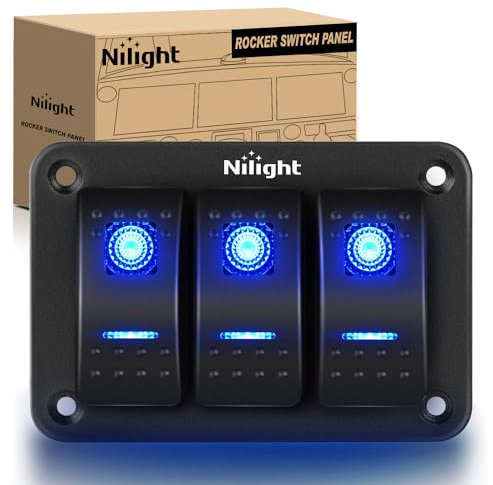 Nilight 90017C 3-Gang-Kippschalter-Halterung aus Aluminium, 5-polig, An-/Ausschalter, vorverdrahtet, für Auto, Boot, 2 Jahre Garantie, Blau