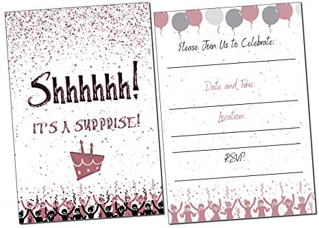 Elcer Überraschungsparty-Einladungen | It's a surprise Birthday | Kinder und Erwachsene | Stil ausfüllen | Roségold & Schwarz | Konfetti-Luftschlangen Party-Einladungen | 20 Stück mit Umschlägen |