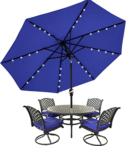 MasterCanopy 270 cm Sonnenschirm mit 32 Solar-LED Patioschirm Gartenschirm Terrassenschirm Tischschirm Martkschirm 8 Rippen, Blau