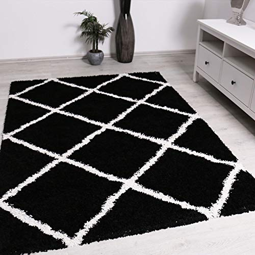 VIMODA Shaggy Teppich Rauten Design Schwarz Creme Modern Wohnzimmer, Maße:120x170 cm