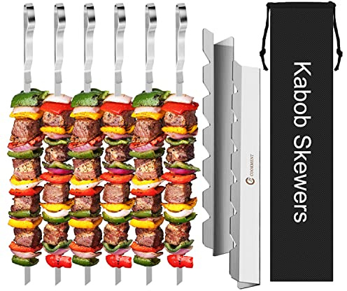 Kabob Skewers Stainless Steel Long BBQ Barbecue Skewers, Flat Metal Kebob Sticks Wide Reusable Grilling Skewers for Meat Chicken,Set of 9 Including 2 barbeecue rack with Storage Bag