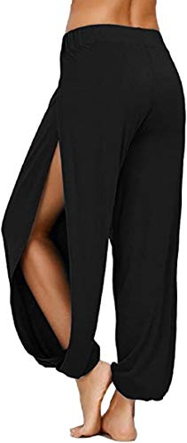 ASKSA Damen Hochschlitzige Haremshose Frauen Hippie Split Sport Hose Fitness Stretchhose Loose Fit Yogahose Sporthose (Schwarz,XL)